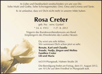 Traueranzeige von Rosa Creter von Darmstädter Echo, Odenwälder Echo, Rüsselsheimer Echo, Groß-Gerauer-Echo, Ried Echo