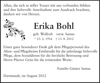 Traueranzeige von Erika Bohl von Darmstädter Echo, Odenwälder Echo, Rüsselsheimer Echo, Groß-Gerauer-Echo, Ried Echo