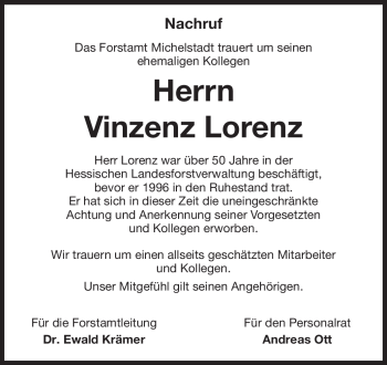 Traueranzeige von Vinzenz Lorenz von Odenwälder Echo