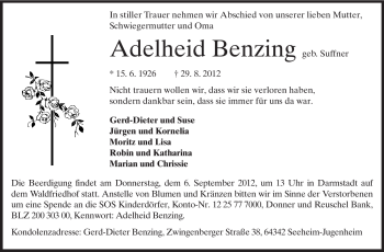 Traueranzeige von Adelheid Benzing von Echo-Zeitungen (Gesamtausgabe)