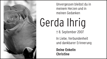 Traueranzeige von Gerda Ihrig von Odenwälder Echo