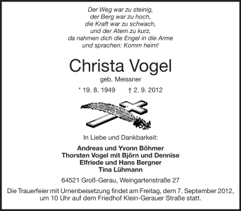 Traueranzeige von Christa Vogel von Rüsselsheimer Echo, Groß-Gerauer-Echo, Ried Echo
