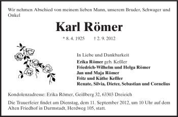 Traueranzeige von Karl Römer von Darmstädter Echo, Odenwälder Echo, Rüsselsheimer Echo, Groß-Gerauer-Echo, Ried Echo