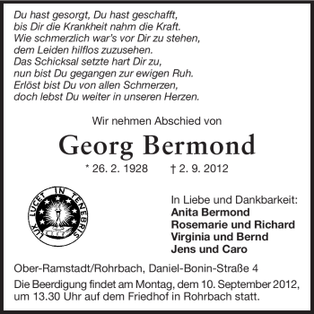 Traueranzeige von Georg Bermond von Echo-Zeitungen (Gesamtausgabe)