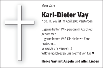 Traueranzeige von Karl-Dieter Vay von Odenwälder Echo