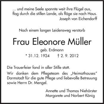 Traueranzeige von Eleonore Müller von Echo-Zeitungen (Gesamtausgabe)