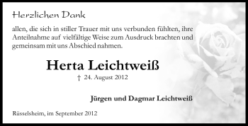 Traueranzeige von Herta Leichtweiß von Rüsselsheimer Echo, Groß-Gerauer-Echo, Ried Echo