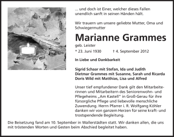 Traueranzeige von Marianne Grammes von Rüsselsheimer Echo, Groß-Gerauer-Echo, Ried Echo