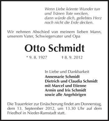 Traueranzeige von Otto Schmidt von Echo-Zeitungen (Gesamtausgabe)