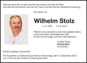 Traueranzeige von Wilhelm Stolz von Odenwälder Echo