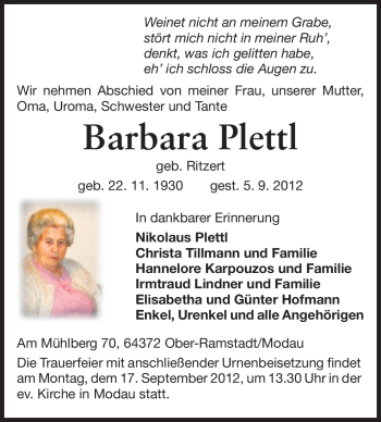 Traueranzeige von Barbara Plettl von Echo-Zeitungen (Gesamtausgabe)