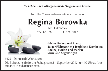 Traueranzeige von Regina Borowka von Echo-Zeitungen (Gesamtausgabe)