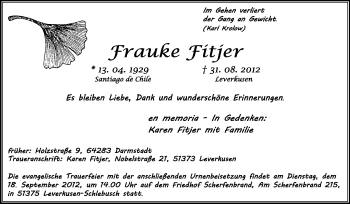 Traueranzeige von Frauke Fitjer von Echo-Zeitungen (Gesamtausgabe)