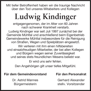 Traueranzeige von Ludwig Kindinger von Echo-Zeitungen (Gesamtausgabe)