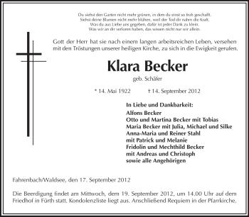 Traueranzeige von Klara Becker von Starkenburger Echo