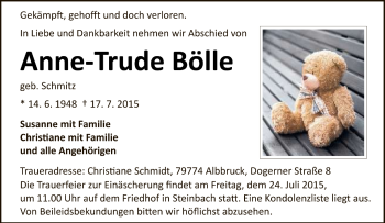 Traueranzeige von Anne-Trude Bölle von Odenwälder Echo