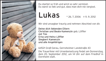 Traueranzeige von Lukas Kamenzin von Rüsselsheimer Echo, Groß-Gerauer-Echo, Ried Echo
