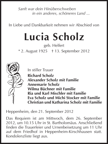 Traueranzeige von Lucia Scholz von Starkenburger Echo