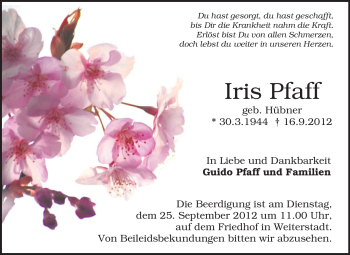 Traueranzeige von Iris Pfaff von Echo-Zeitungen (Gesamtausgabe)