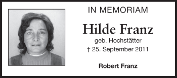 Traueranzeige von Hilde Franz von Echo-Zeitungen (Gesamtausgabe)