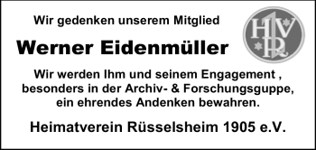 Traueranzeige von Werner Eidenmüller von Rüsselsheimer Echo, Groß-Gerauer-Echo, Ried Echo