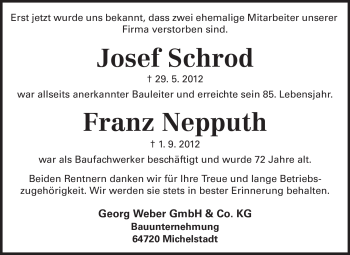 Traueranzeige von Josef Schrod von Odenwälder Echo