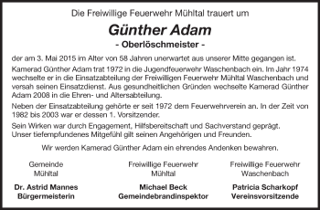 Traueranzeige von Günther Adam von Echo-Zeitungen (Gesamtausgabe)