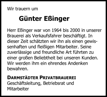 Traueranzeige von Günter Eßinger von Echo-Zeitungen (Gesamtausgabe)