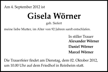 Traueranzeige von Gisela Wörner  von Echo-Zeitungen (Gesamtausgabe)