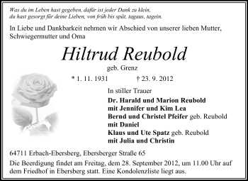 Traueranzeige von Hiltrud Reubold von Odenwälder Echo