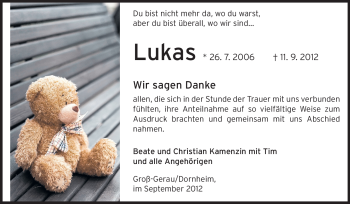Traueranzeige von Lukas Kamenzin von Rüsselsheimer Echo, Groß-Gerauer-Echo, Ried Echo