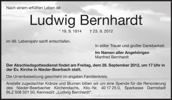 Traueranzeige von Ludwig Bernhardt von Echo-Zeitungen (Gesamtausgabe)