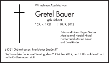 Traueranzeige von Gretel Bauer von Echo-Zeitungen (Gesamtausgabe)