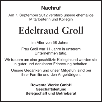 Traueranzeige von Edeltraud Groll von Odenwälder Echo