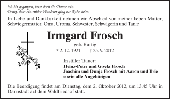 Traueranzeige von Irmgard Frosch von Echo-Zeitungen (Gesamtausgabe)