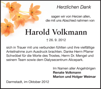 Traueranzeige von Harold Volkmann von Echo-Zeitungen (Gesamtausgabe)