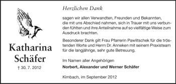 Traueranzeige von Katharina Schäfer von Odenwälder Echo