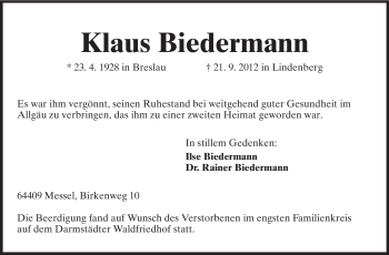Traueranzeige von Klaus Biedermann von Echo-Zeitungen (Gesamtausgabe)