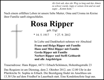 Traueranzeige von Rosa Ripper von Odenwälder Echo