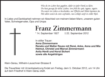 Traueranzeige von Franz Zimmermann von Rüsselsheimer Echo, Groß-Gerauer-Echo, Ried Echo