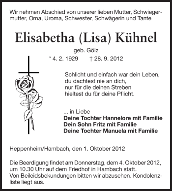 Traueranzeige von Elisabetha Kühnel von Starkenburger Echo