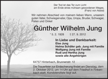 Traueranzeige von Günther Wilhelm Jung von Odenwälder Echo