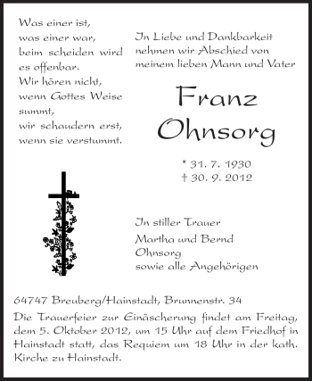 Traueranzeige von Franz Ohnsorg von Odenwälder Echo