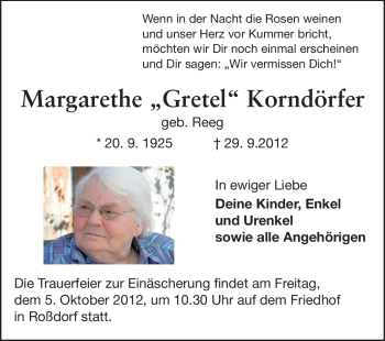 Traueranzeige von Margarethe Korndörfer von Darmstädter Echo, Odenwälder Echo, Rüsselsheimer Echo, Groß-Gerauer-Echo, Ried Echo