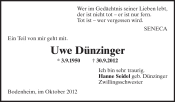 Traueranzeige von Uwe Dünzinger von Rüsselsheimer Echo, Groß-Gerauer-Echo, Ried Echo