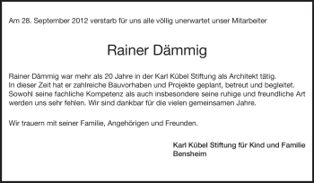Traueranzeige von Rainer Dämmig von Darmstädter Echo, Odenwälder Echo, Rüsselsheimer Echo, Groß-Gerauer-Echo, Ried Echo