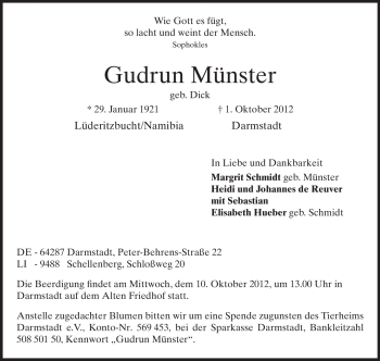 Traueranzeige von Gudrun Münster von Echo-Zeitungen (Gesamtausgabe)