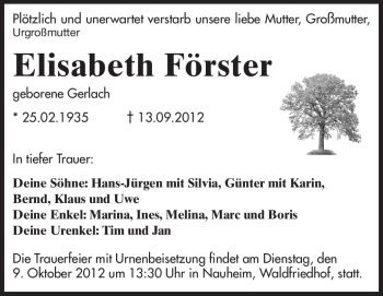 Traueranzeige von Elisabeth Förster von Rüsselsheimer Echo, Groß-Gerauer-Echo, Ried Echo