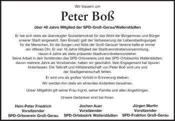 Traueranzeige von Peter Boß von Rüsselsheimer Echo, Groß-Gerauer-Echo, Ried Echo