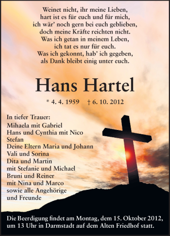 Traueranzeige von Hans Hartel von Echo-Zeitungen (Gesamtausgabe)